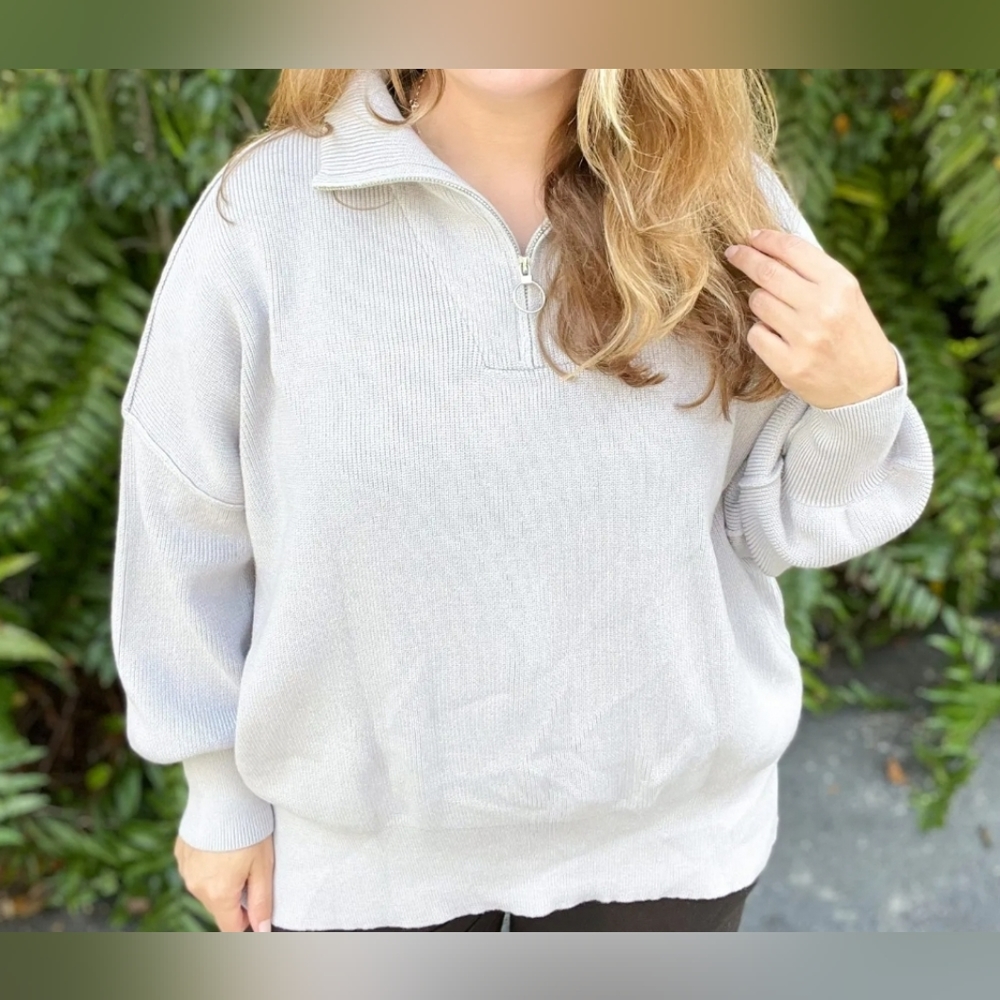 Womens Ribbed Gray Slouchy Relaxed Pullover Quarter Zip Sweater Med